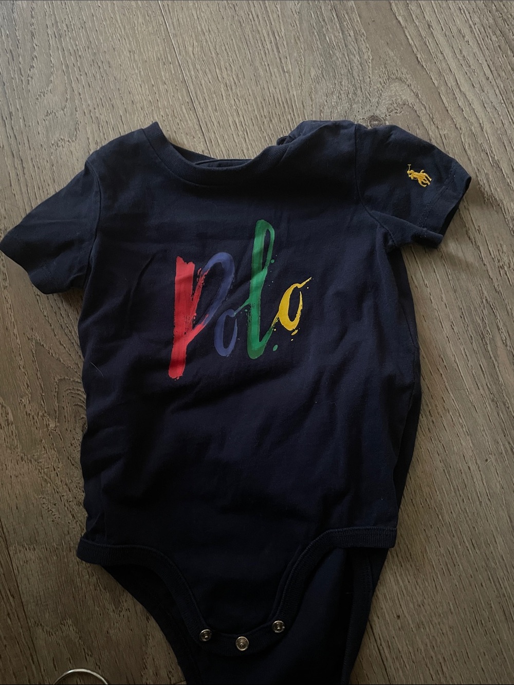 Polo by Ralph Lauren Navy Multicolor Script Logo Baby Bodysuit